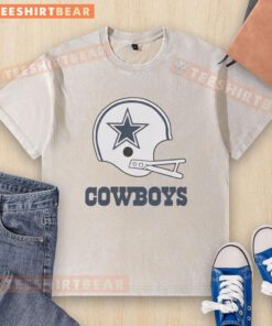 Alt Text: Awesome Dallas Cowboys football logo on a big helmet graphic featured on a stylish washed t-shirt design.