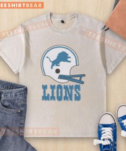 Awesome Detroit Lions football logo on a big helmet printed on a washed t-shirt, perfect for fans and casual wear.