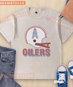 Awesome Houston Oilers football logo on a big helmet graphic featured on a washed t-shirt design.