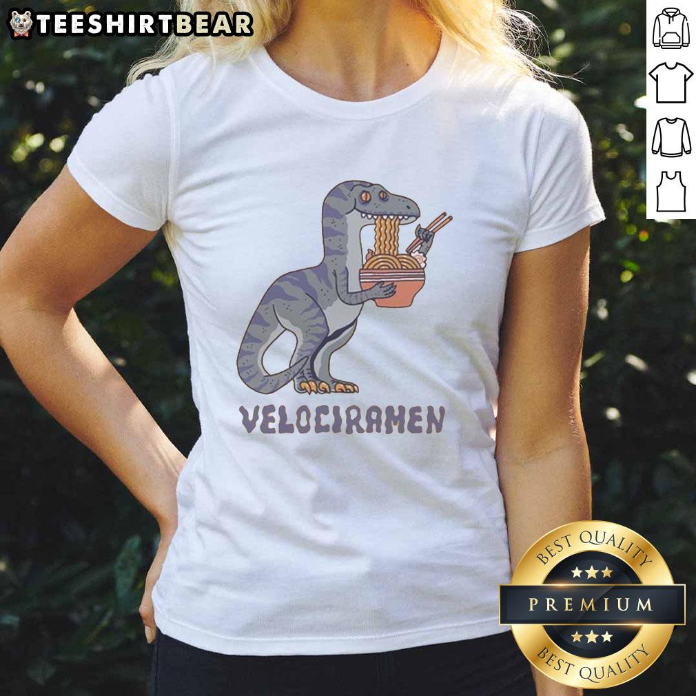Alt Text: Awesome Velociramen Ladies Tee featuring a vibrant dinosaur and ramen graphic, perfect for fun and stylish casual wear.