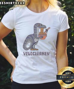 Awesome Velociramen Ladies Tee featuring a colorful dinosaur ramen graphic on a stylish women's shirt.