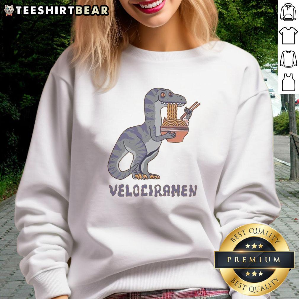 Awesome Velociramen sweatshirt featuring a vibrant dinosaur design, perfect for casual wear and fans of quirky fashion.