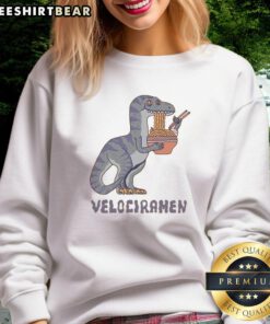 Awesome Velociramen Sweatshirt featuring a vibrant dinosaur graphic, perfect for fans of unique and fun apparel.