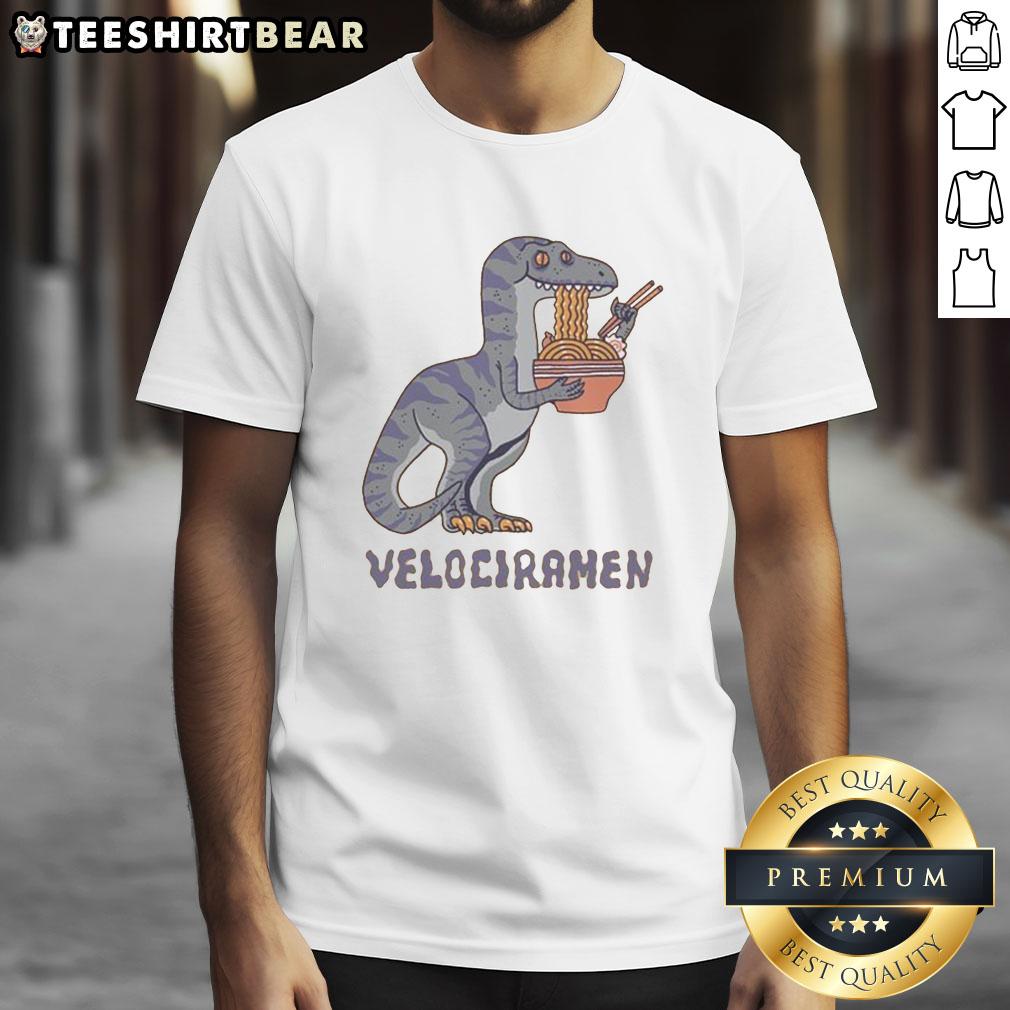Awesome Velociramen T-Shirt featuring a fun dinosaur ramen graphic, perfect for foodie and dinosaur lovers.