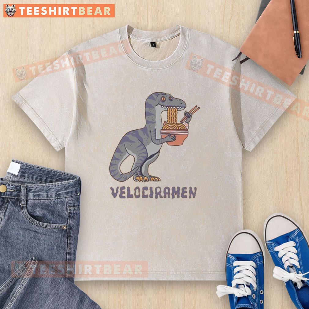 Awesome Velociramen washed t-shirt featuring a vibrant dinosaur graphic, perfect for casual wear and dinosaur enthusiasts.
