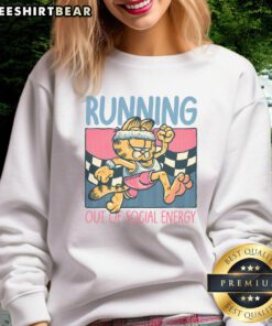Funny Garfield running out of social energy sweatshirt design featuring a tired cartoon cat in vibrant colors.