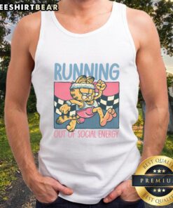 Funny Garfield running out of social energy on a tank top, perfect for introverts and cat lovers alike.