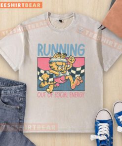 Funny Garfield running out of social energy on a washed T-shirt, showcasing a humorous cat graphic for introverts.