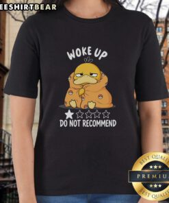 Funny Psyduck Pokmon ladies tee design with a humorous 'Do Not Recommend' wake-up message for fans.
