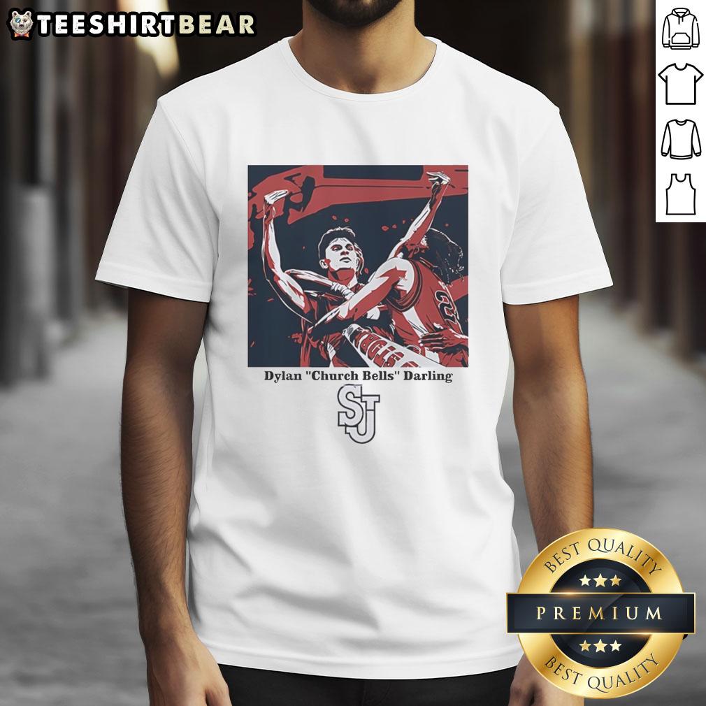 Good Dylan Church Bells Darling St John's Red Storm men's basketball T-shirt featuring vibrant team colors and logo.