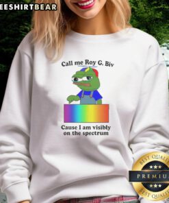 Good Frog Call Me Roy G. Biv Sweatshirt showcasing a colorful design celebrating visible spectrum diversity.