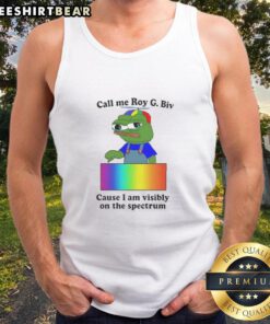 Colorful tank top featuring a frog and rainbow design, titled 'Good Frog Call Me Roy G. Biv' for vibrant fashion lovers.
