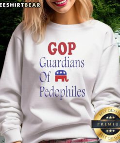 Good Gop Guardians of Pedophiles elephant symbol critique sweatshirt design highlighting social issues and activism.