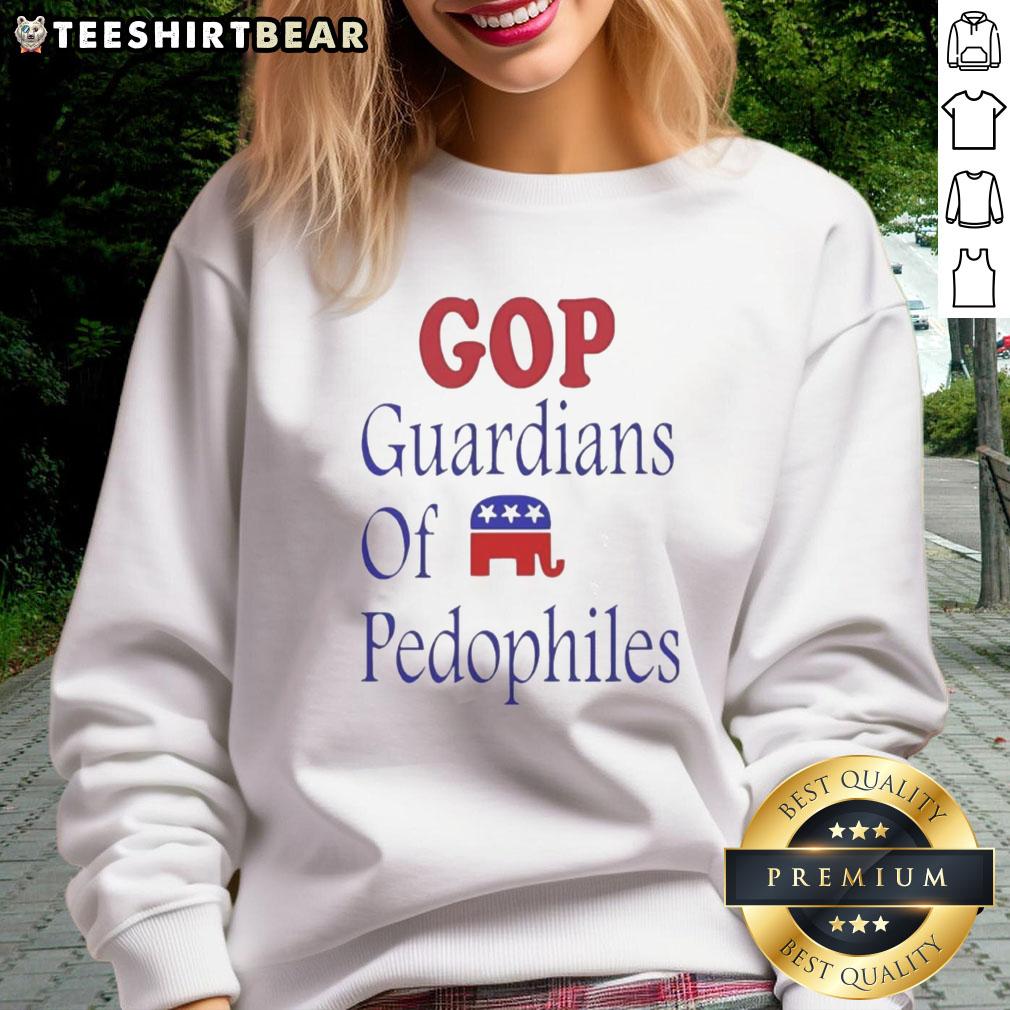 Good Gop Guardians of Pedophiles elephant symbol critique sweatshirt design highlighting social issues and activism.