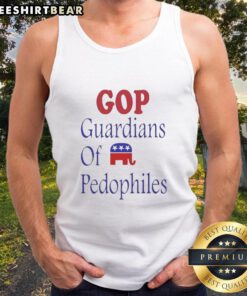 Good Gop Guardians of Pedophiles tank top featuring an elephant symbol, critiquing political themes in bold design.