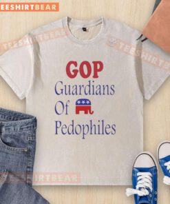 Good Gop Guardians of Pedophiles elephant symbol critique on a washed t-shirt, showcasing bold graphic design.