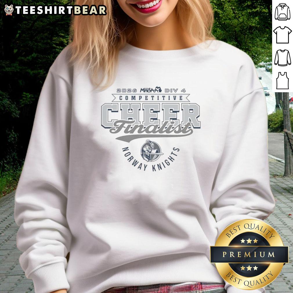 Good Norway Knights 2026 MHSAA Cheer Division 4 Finalist sweatshirt featuring team colors and logo.