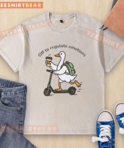 Funny duck graphic on a washed t-shirt with the phrase 'Good Off to Regulate My Emotions' for a lighthearted vibe.