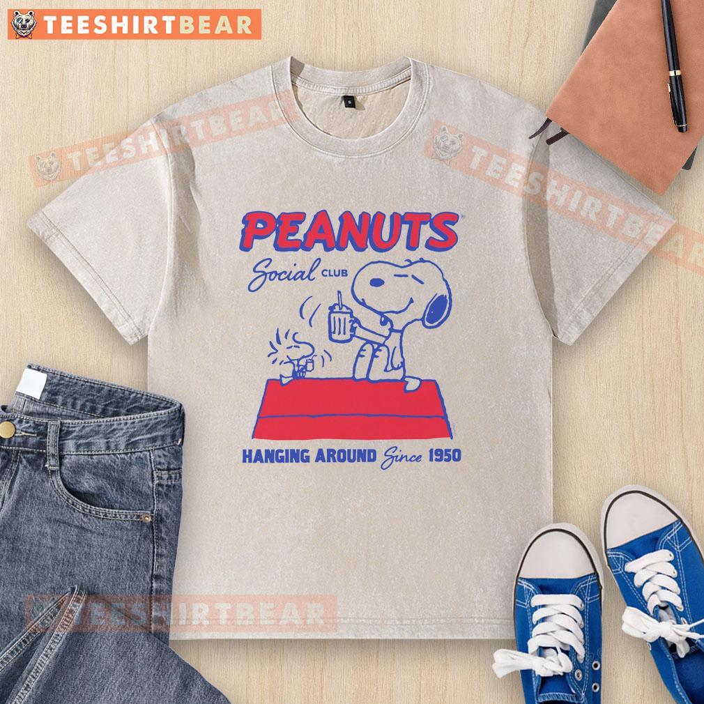 Good Peanuts Snoopy Woodstock Social Club Wash T-Shirt featuring iconic characters since 1950, casual style.