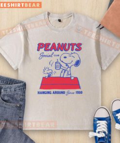 Alt Text: Good Peanuts Snoopy Woodstock Social Club t-shirt, vintage style, hanging around since 1950, casual wear.