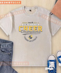 Alt Text: Good Pewamo Westphalia Pirates 2026 MHSAA Cheer Division 4 Champions washed t-shirt design featuring school colors.