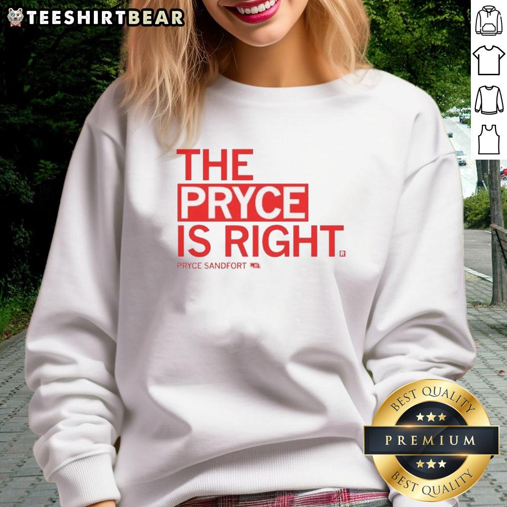 Alt Text: Good Pryce Sandfort wearing The Pryce Is Right sweatshirt, showcasing stylish design and vibrant colors.