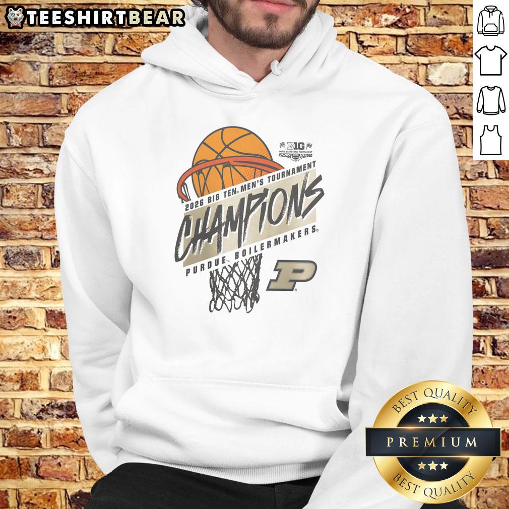 Alt Text: Purdue Boilermakers 2026 Big Ten Men's Basketball Tournament Champions hoodie featuring team colors and logo.