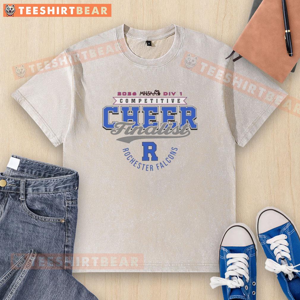 Alt Text: Good Rochester Falcons 2026 MHSAA Cheer Division 1 Finalist washed t-shirt showcasing team spirit and pride.