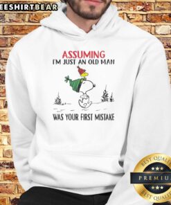 Good Snoopy and Woodstock hoodie featuring the phrase 'Assuming I'm Just an Old Man Was Your First Mistake' in vibrant colors.