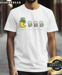 Good St Patrick's Day Pac Man T-Shirt featuring colorful graphics of Pac Man and shamrocks for festive celebrations.