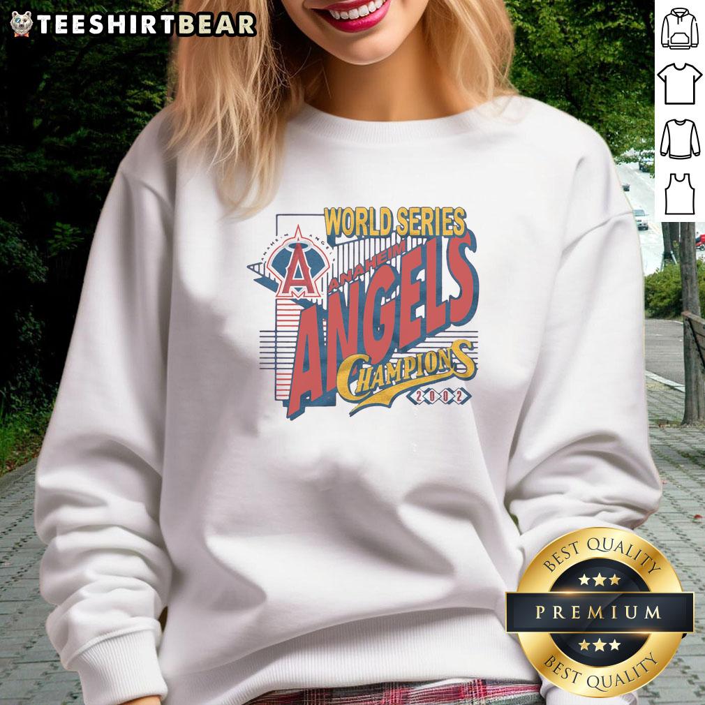 Hot Anaheim Angels 2002 World Series Champions sweatshirt featuring bold team graphics and vibrant colors.