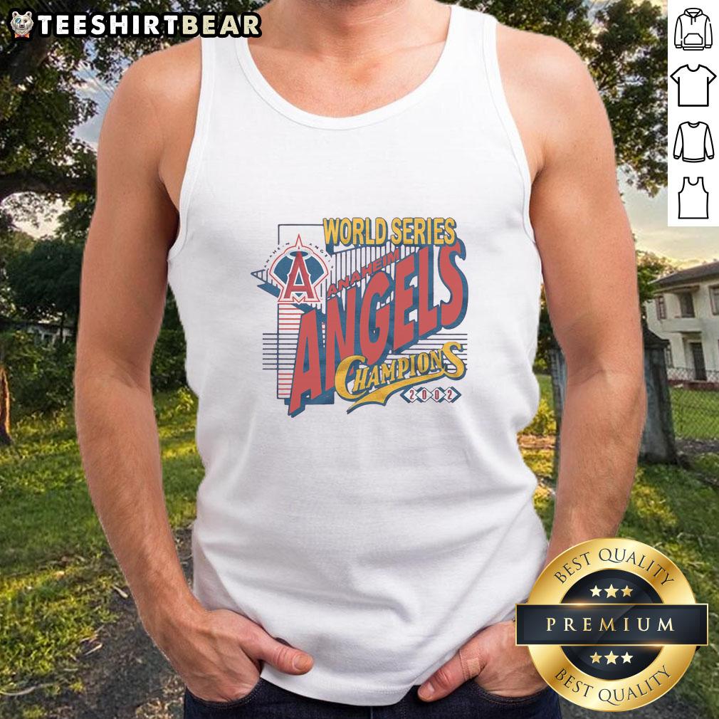 Alt Text: Hot Anaheim Angels 2002 World Series Champions tank top featuring team logo and vibrant colors, perfect for fans.
