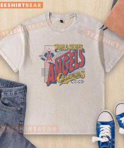 Hot Anaheim Angels 2002 World Series Champions washed t-shirt showcasing vintage team logo and championship pride.