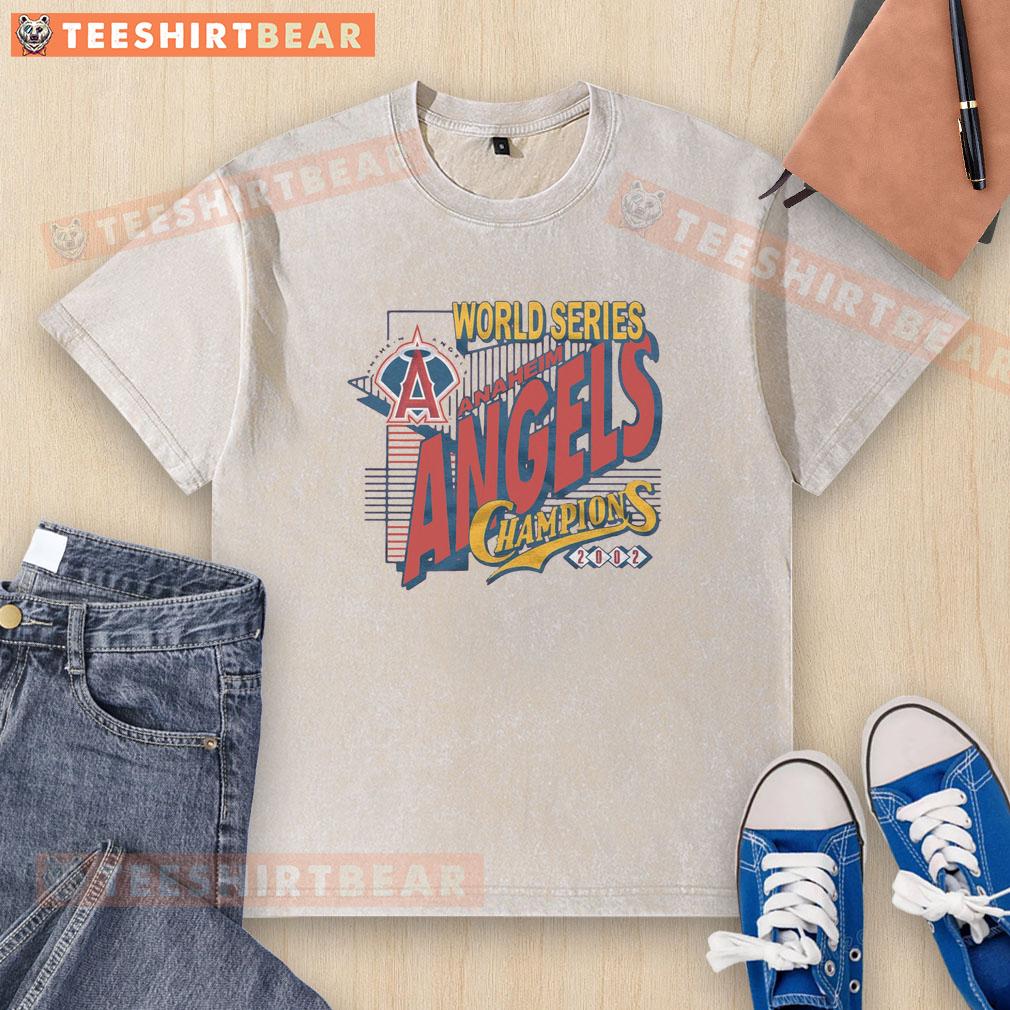 Hot Anaheim Angels 2002 World Series Champions washed t-shirt showcasing vintage team logo and championship pride.