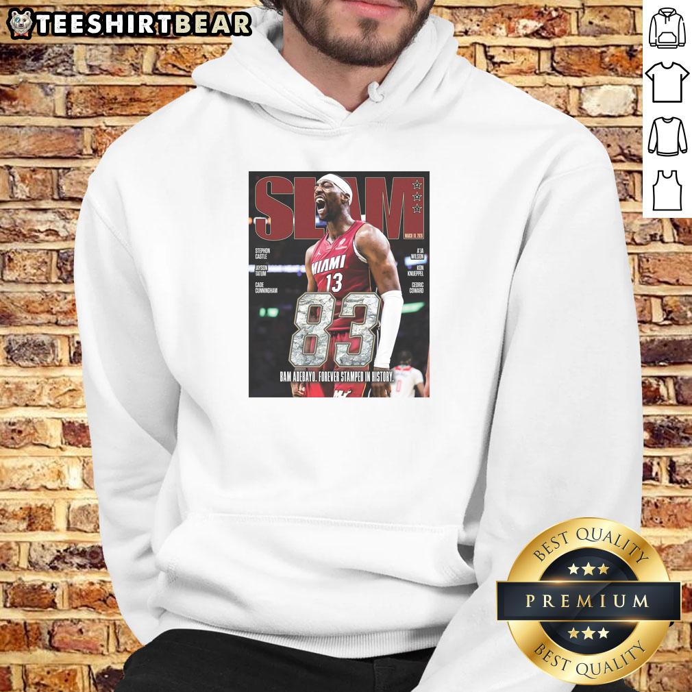 Alt Text: Hot Bam Adebayo in Miami Heat gear showcases 83-point slam, wearing 261 Magazine hoodie during game action.