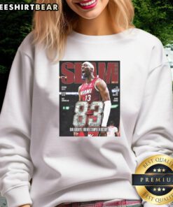 Hot Bam Adebayo of Miami Heat soaring for an 83-point slam, featured on a stylish 261 Magazine sweatshirt.