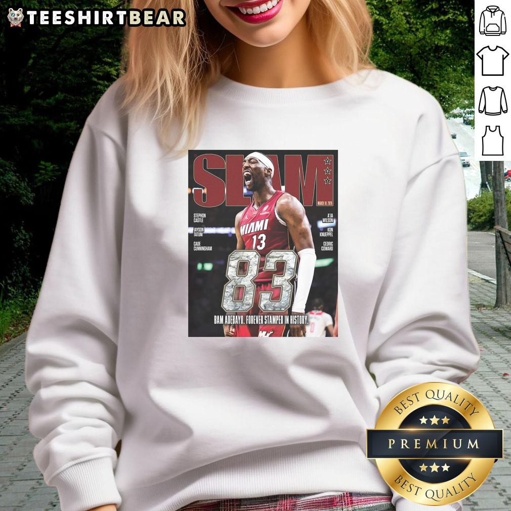 Hot Bam Adebayo of Miami Heat soaring for an 83-point slam, featured on a stylish 261 Magazine sweatshirt.
