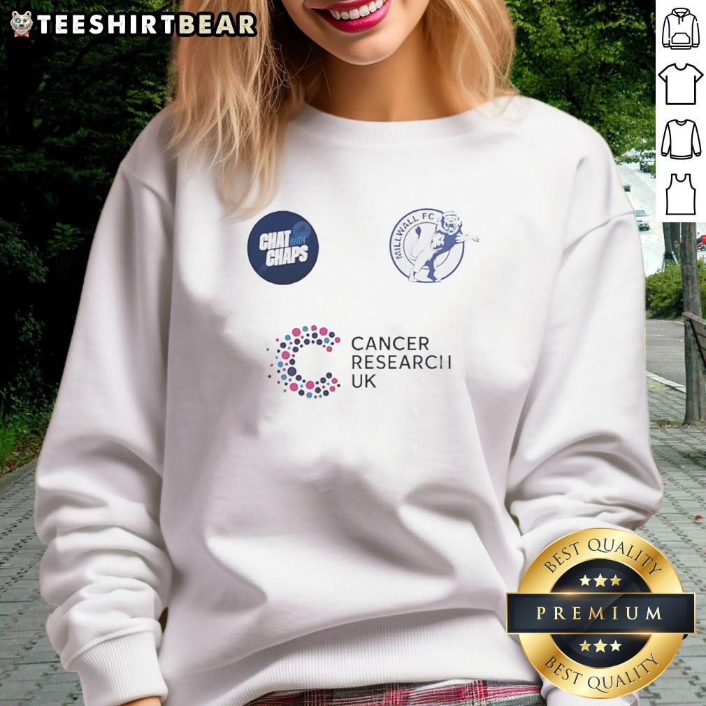 Hot Chat With Chaps Millwall FC Cancer Research UK sweatshirt featuring team logo and vibrant design for charity support.
