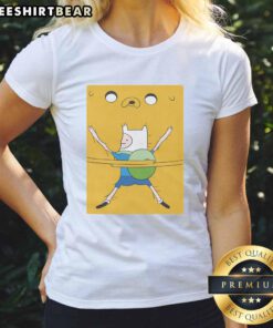 Hot Finn hugging Jake in a bro hug from Adventure Time on a stylish ladies tee design.