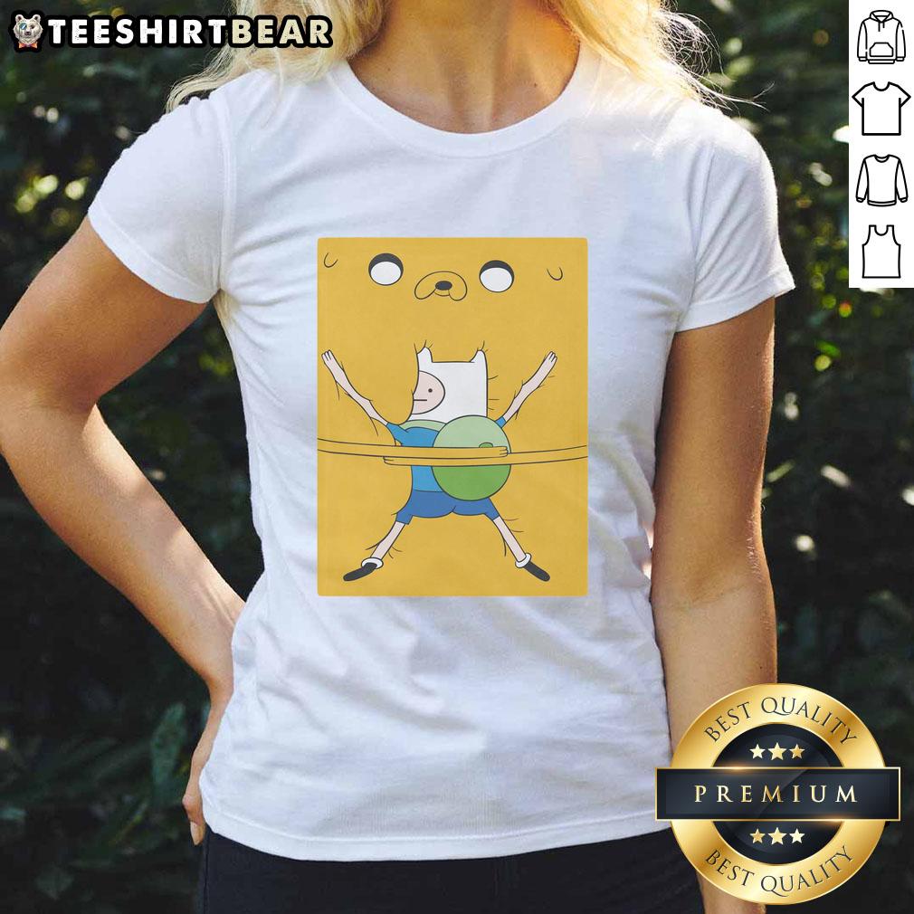 Hot Finn hugging Jake in a bro hug from Adventure Time on a stylish ladies tee design.