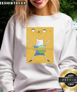 Hot Finn hugging Jake in a bro hug on Adventure Time movie sweatshirt, perfect for fans of the animated series.