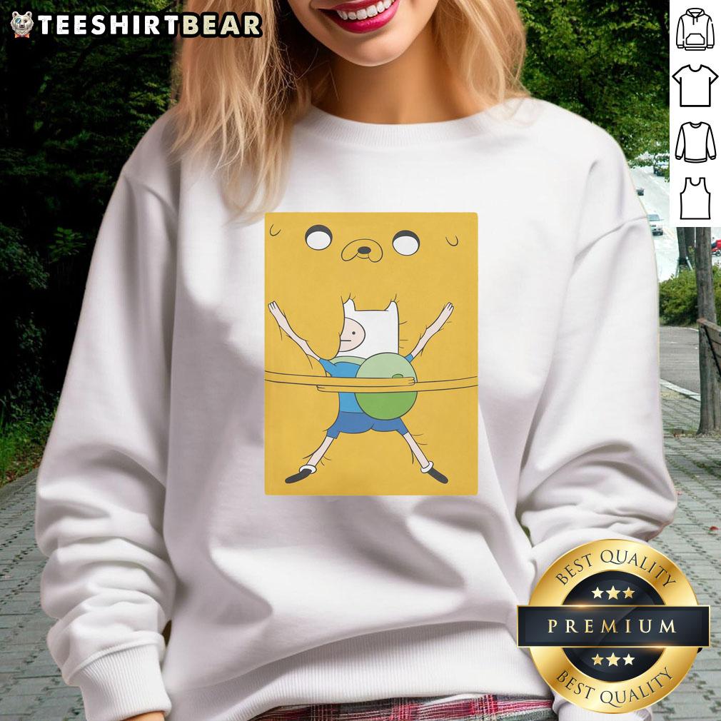 Hot Finn hugging Jake in a bro hug on Adventure Time movie sweatshirt, perfect for fans of the animated series.