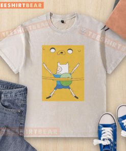 Hot Finn hugging Jake in a bro hug on Adventure Time movie washed t-shirt, showcasing a vibrant cartoon design.