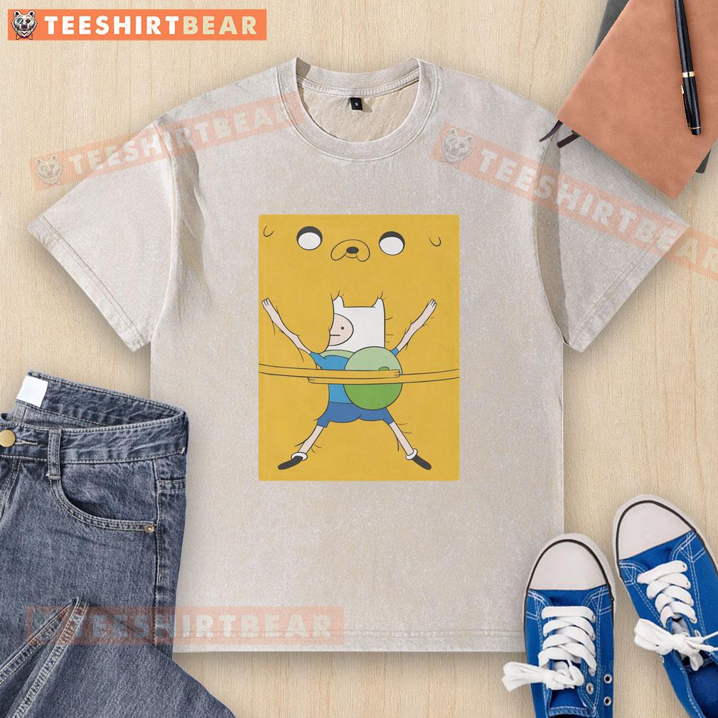 Hot Finn hugging Jake in a bro hug on Adventure Time movie washed t-shirt, showcasing a vibrant cartoon design.