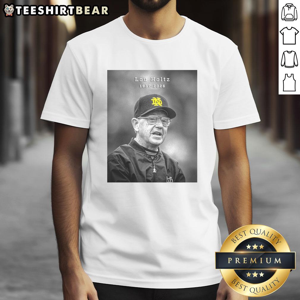 Alt Text: Hot Legendary Notre Dame Coach Lou Holtz 1937-2026 T-Shirt featuring iconic design and tribute to coaching legend.
