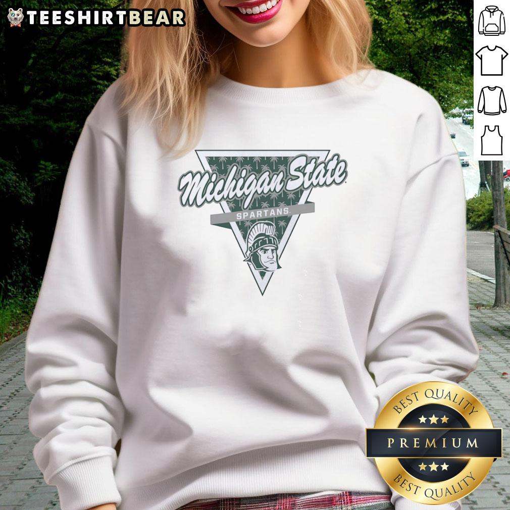 Alt Text: Hot Michigan State Spartans football sweatshirt featuring a palm tree pattern inside a triangle logo design.