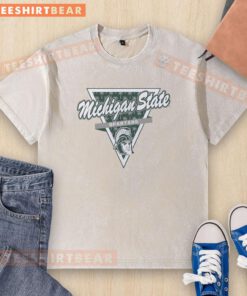 Alt Text: Hot Michigan State Spartans football washed t-shirt featuring a palm tree pattern inside a triangle logo.