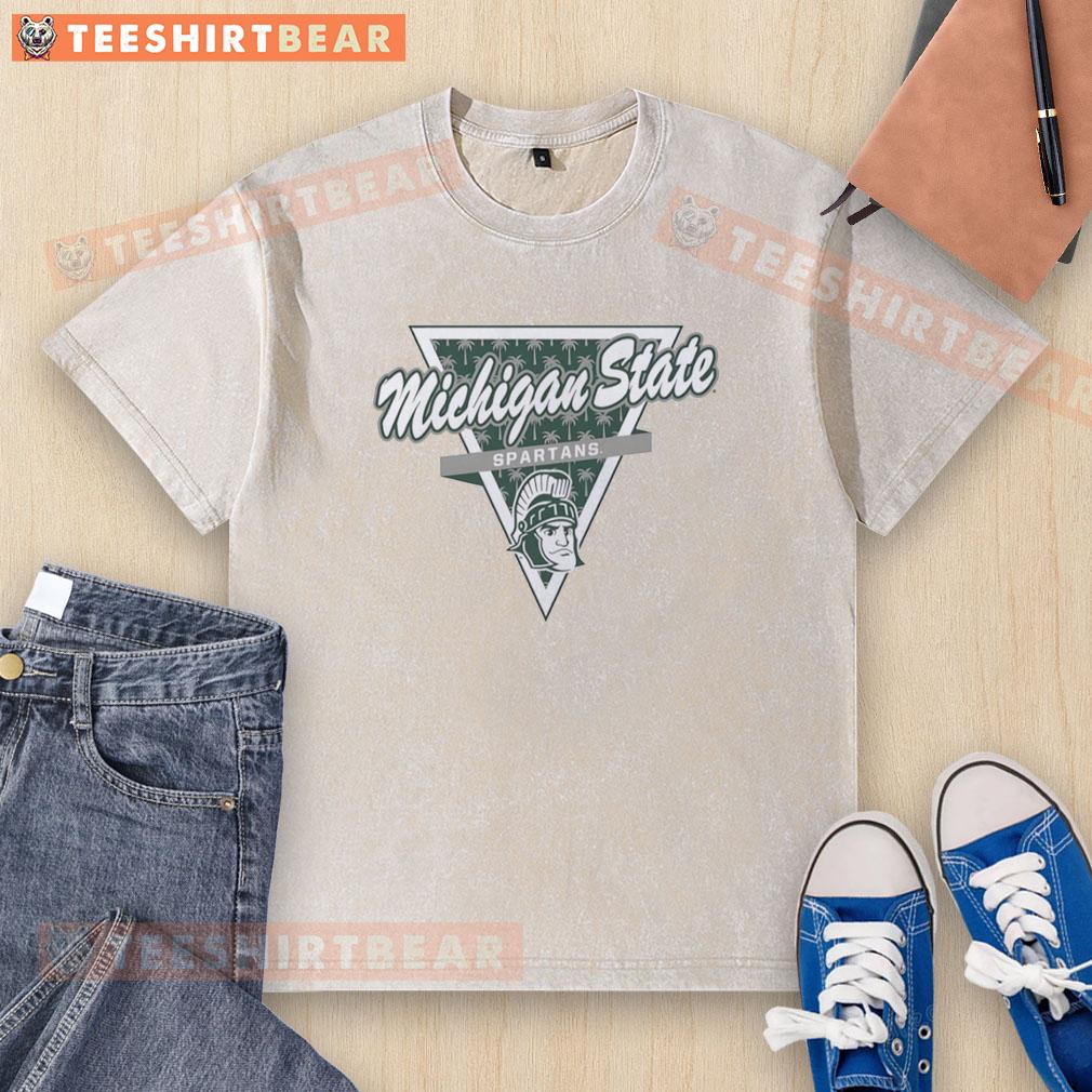 Alt Text: Hot Michigan State Spartans football washed t-shirt featuring a palm tree pattern inside a triangle logo.