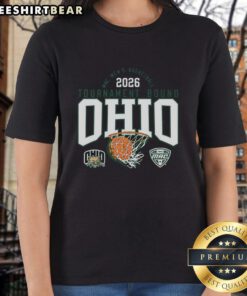 Hot Ohio Bobcats Men's Basketball MAC 2026 Tournament Bound Ladies Tee featuring team colors and logo.