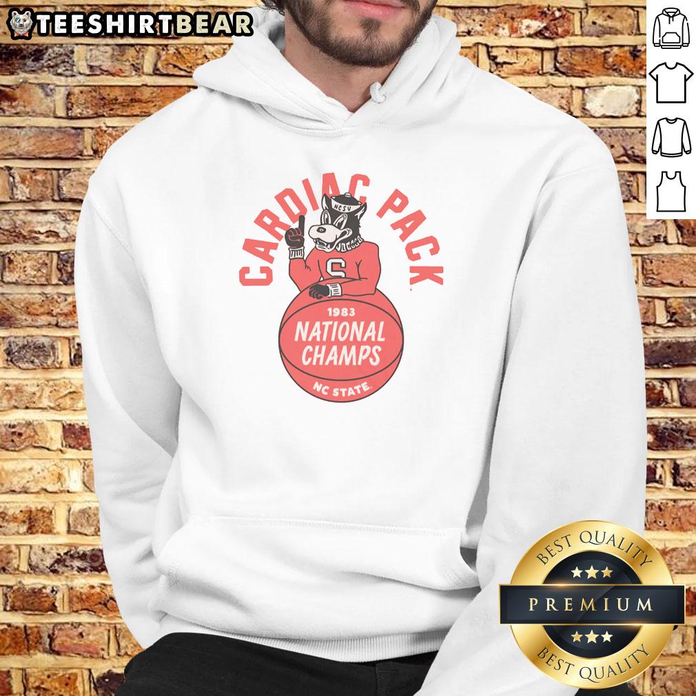 Vintage 1983 NC State Cardiac Pack Champs hoodie featuring classic red and white design, perfect for fans and collectors.